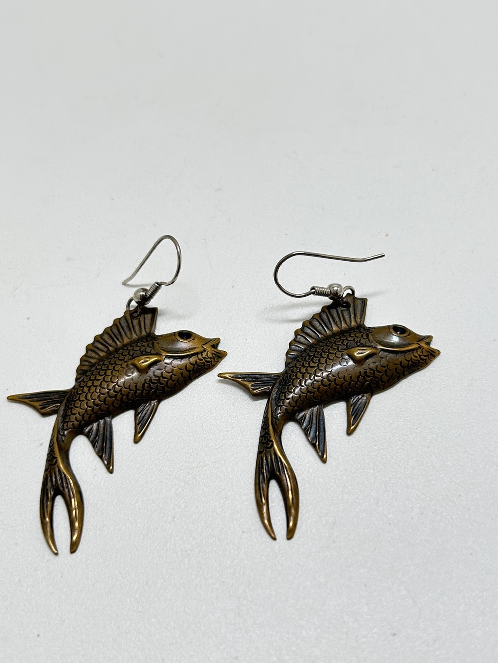 Antiqued Gold, Large Swimming, Flying Fish Earrings, Repousse, Wires